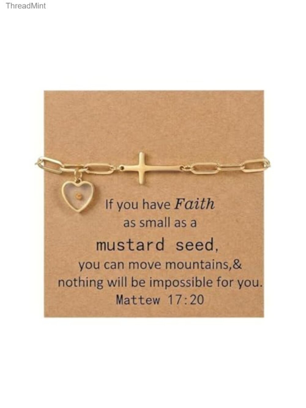 Gold Cross Paperclip Chain Bracelet with Mustard Seed Charm Inspirational
